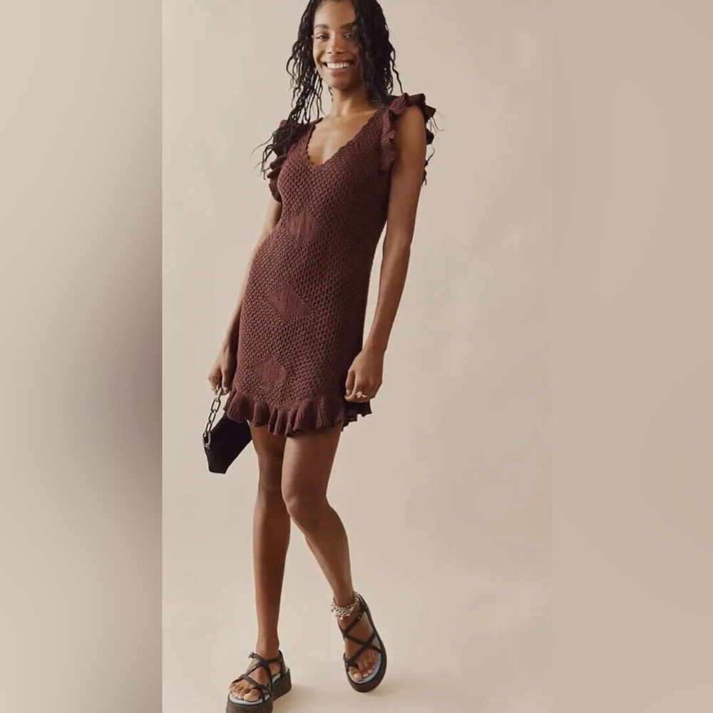 Free People Beach Mykonos Sweater Crochet Dress in Rum Raisin Boho